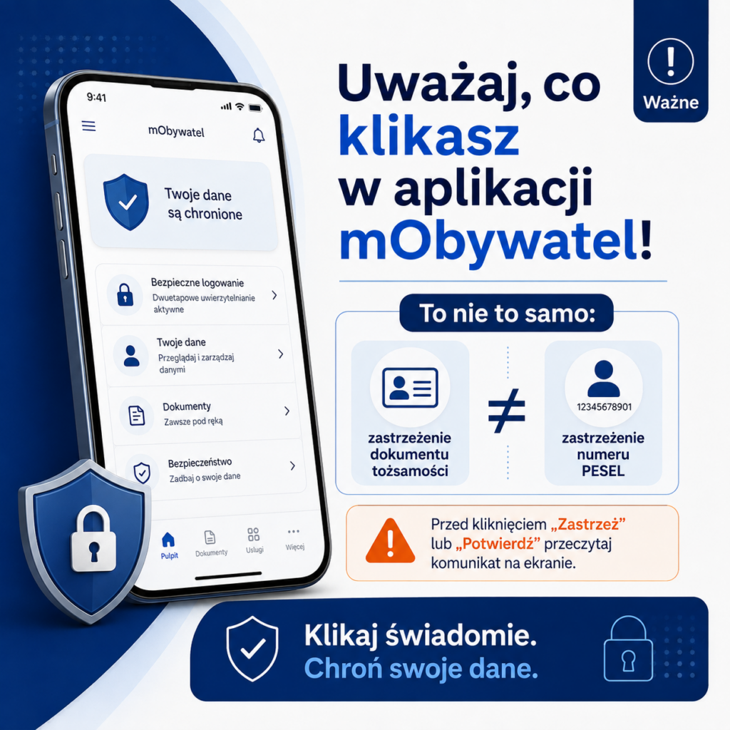 grafika przedstawiająca telefon z otwartą aplikacją mObywatel oraz ostrzeżeniem "Uważaj, co klikasz w aplikacji mObywatel", informacja o tym, że zastrzeżenie dokumentu tożsamości to nie to samo co zastrzeżenie numeru PESEL